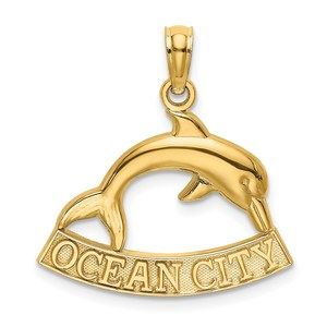 14k Yellow Gold Travel OCEAN CITY Small Dolphin Nautical Necklace Charm Pendant